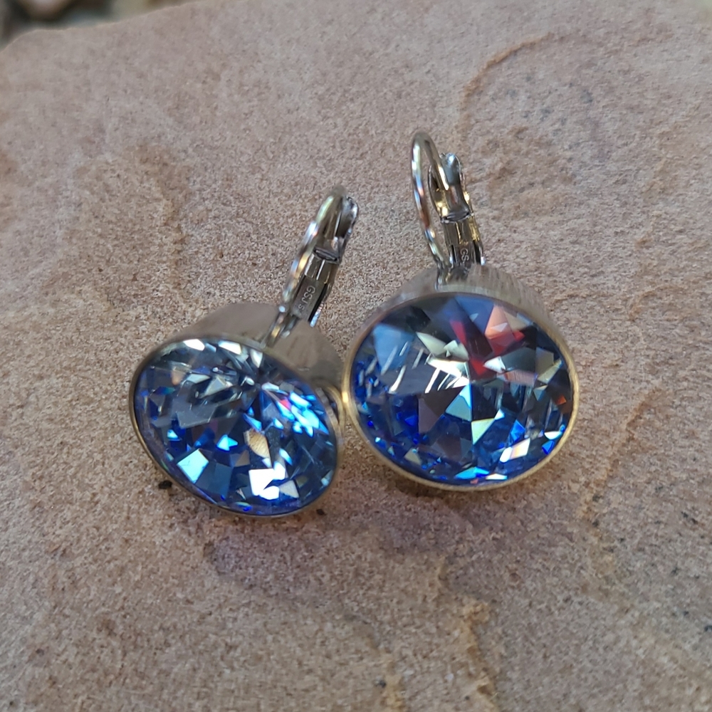 Gold Stone Jewelry Large Blue Crystal Silver Lever Back Earrings, New Old Stock